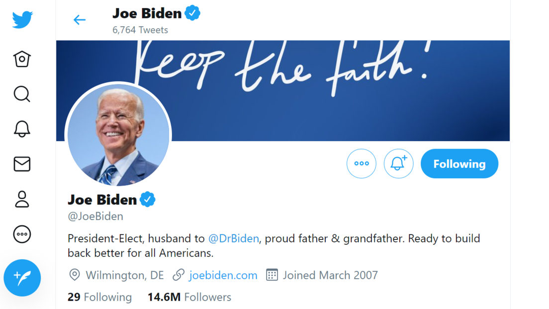 Joe Biden cambia su perfil de Twitter a “presidente electo”