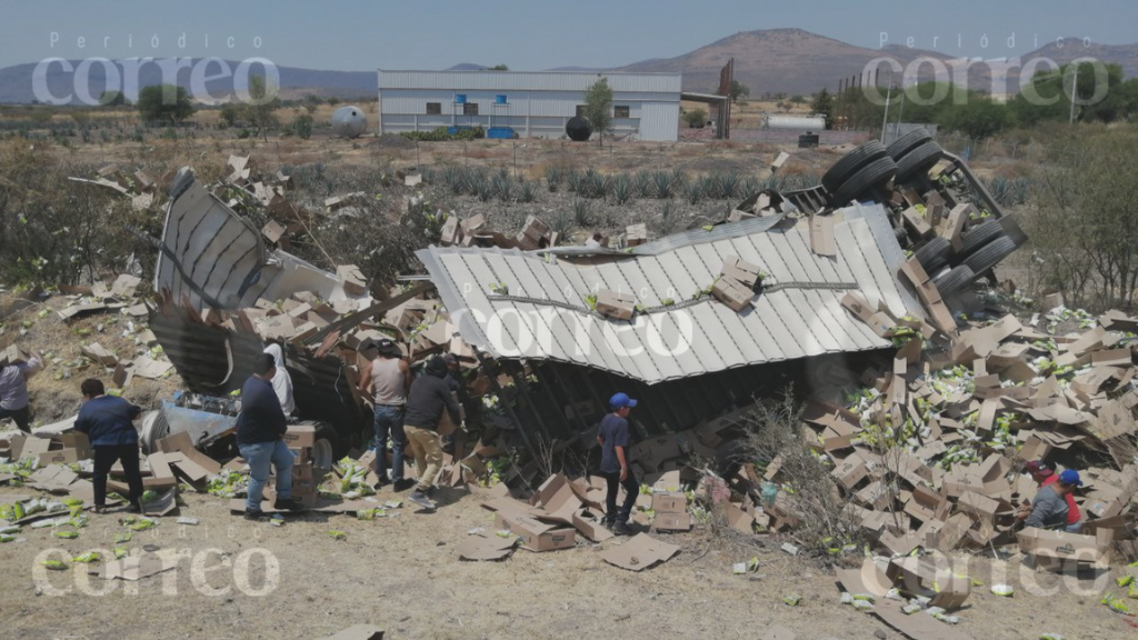 Vuelca remolque de frituras en Pénjamo y vecinos roban la mercancía