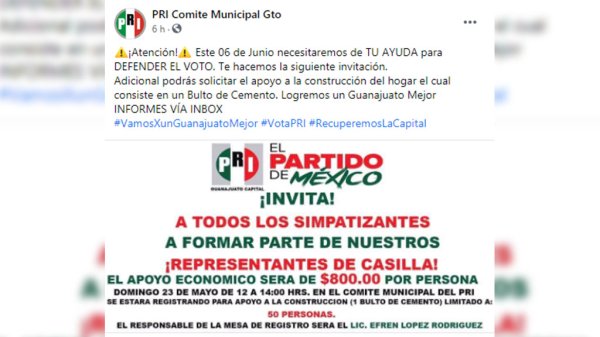 PRI advierte de página ‘fake’ que ofrece 800 pesos a quien vote por el partido