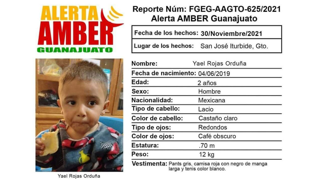 Activan Alerta Amber por Yael Rojas, menor de 2 años de San José Iturbide