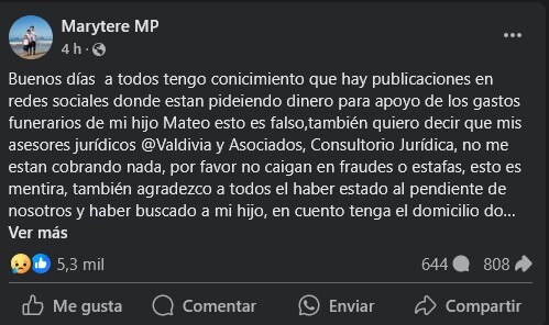 Madre de Mateo advierte por falsas colectas de dinero; pide no donar nada