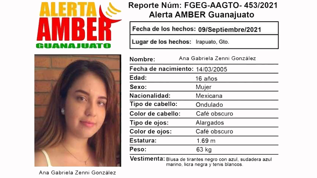 Activan Alerta Amber por Ana Gabriela Zenni, menor desaparecida en Irapuato