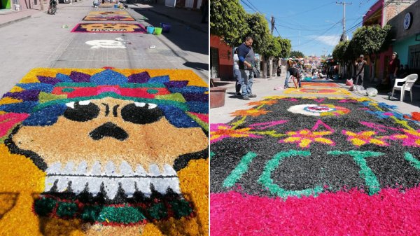 Tapete monumental colorea calles de La Villita en Apaseo el Grande