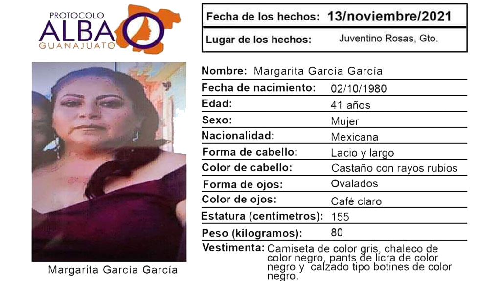 Activan Protocolo Alba por Margarita García, desaparecida en Juventino Rosas