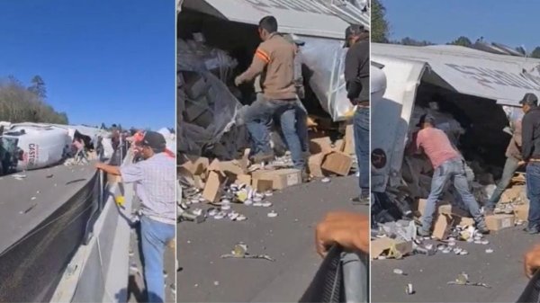 Tráiler vuelca y pobladores hacen rapiña mientras chofer pierde la vida