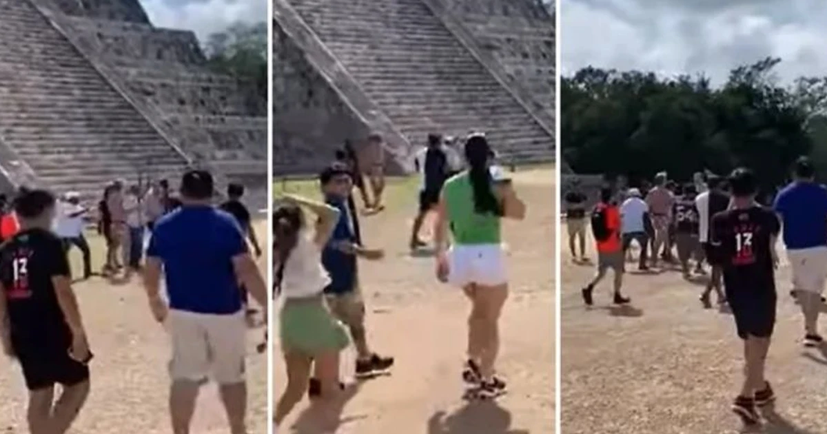 Turista extranjero sube a pirámide de Chichén Itzá y lo bajan a palazos