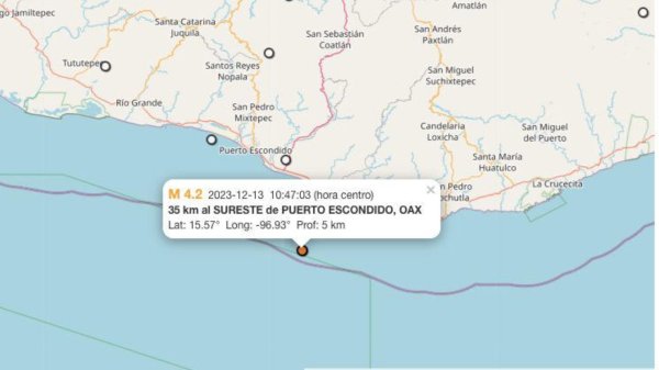 Se reporta sismo de 4.2 de magnitud en Puerto Escondido, Oaxaca