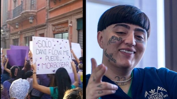 Mujer utiliza pancarta con letra de Dani Flow en el 8M y le llueven criticas; olvidan consignas contra la violencia 