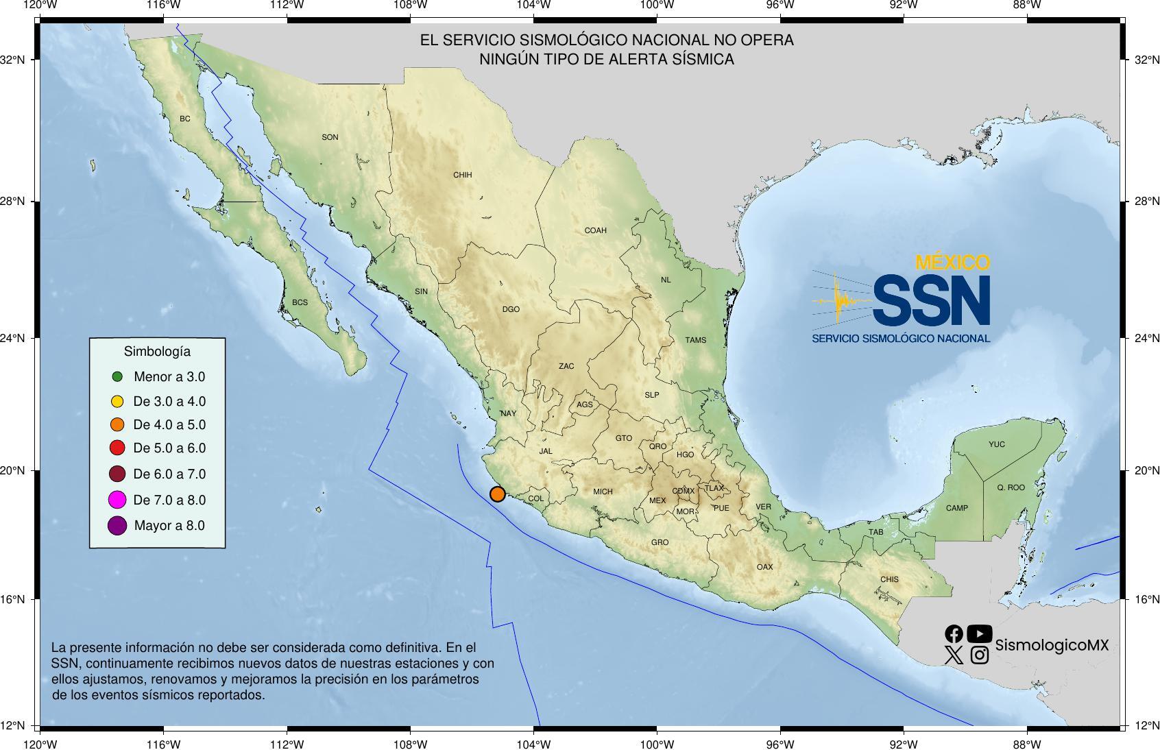 Sismo con epicentro en Cihuatlán este 12 de mayo 