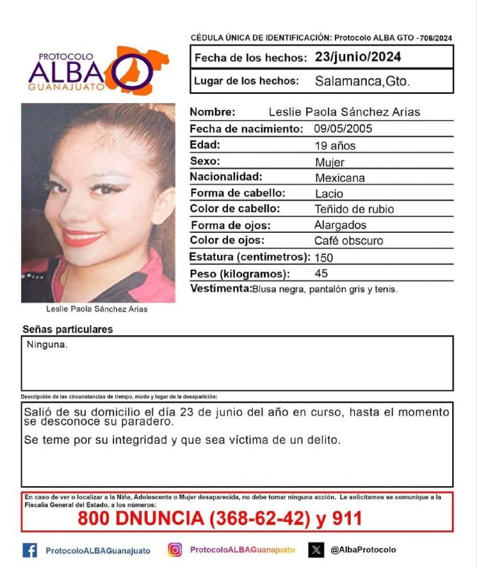 Activan Protocolo Alba para buscar Leslie Paola, desaparecida en Salamanca