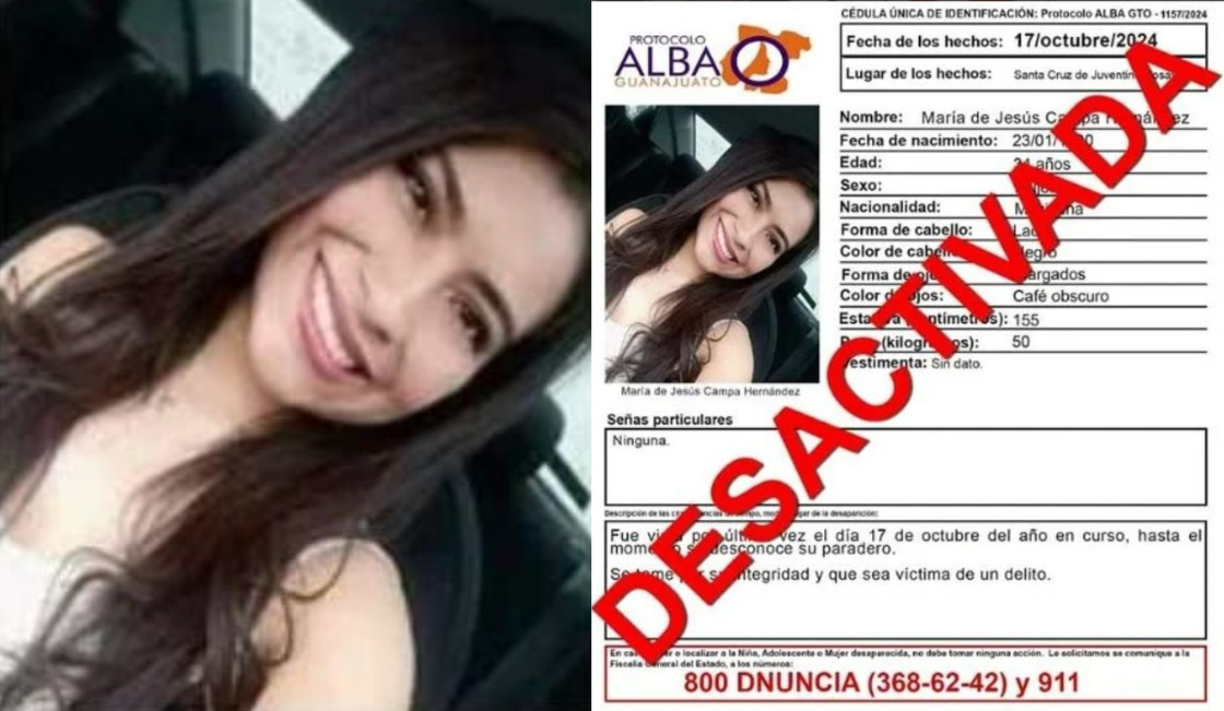 Desactivan protocolo Alba por María de Jesús desaparecida en Juventino Rosas 